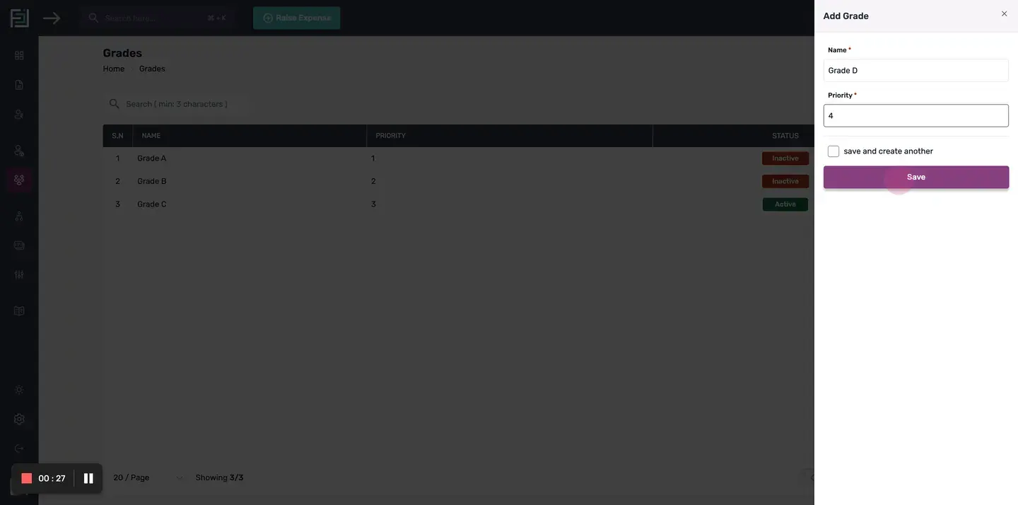 After entering the necessary details, click on the "Save" button to create the new employee grade.
