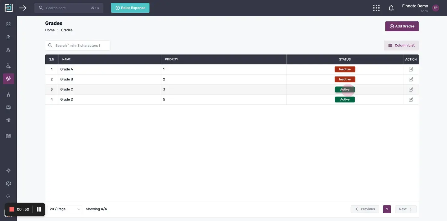 To activate or inactivate a grade, locate the grade in the list and click on the "Active" button. This will toggle the s