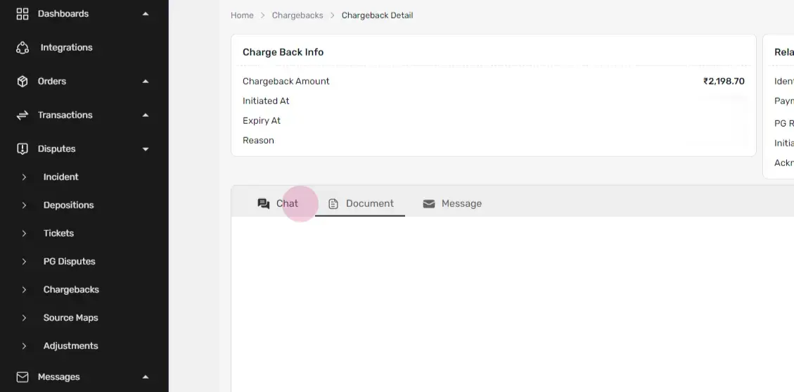 Chat, send a message, or attach documents regarding a specific chargeback directly from this page, streamlining communic