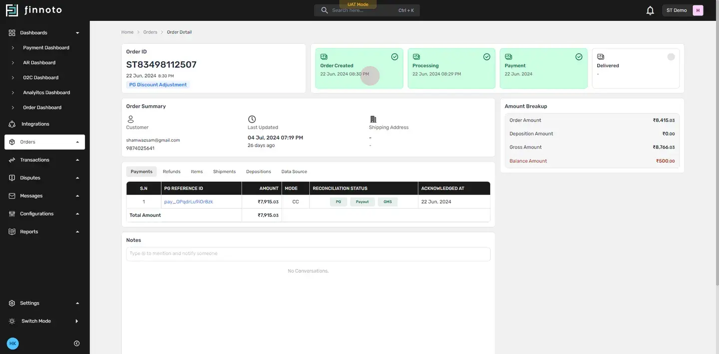 The payment section displays the PG reference ID. Click on it to see the payment details.
