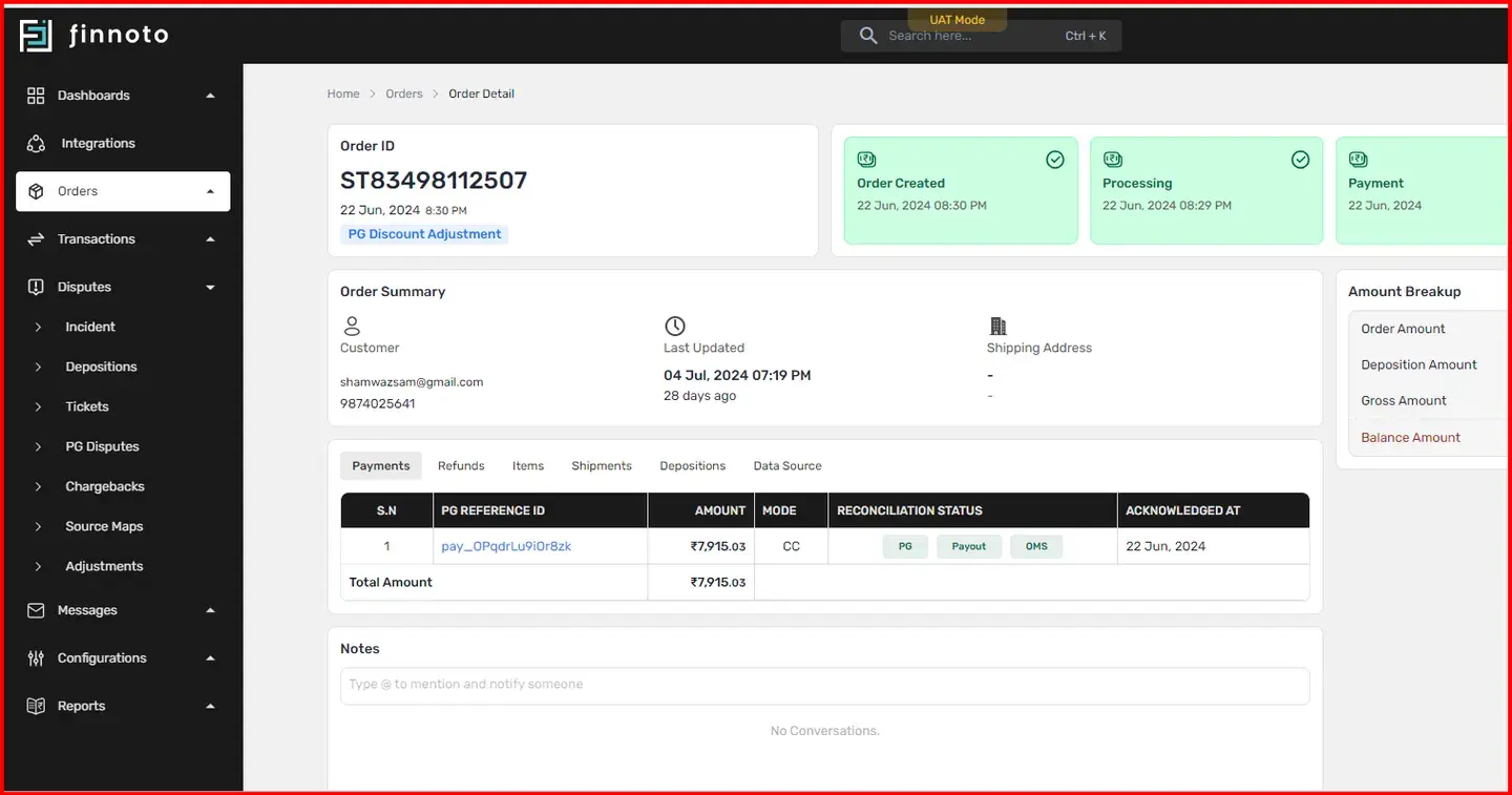 Similarly, to view details about Refunds, Items, Shipments, Depositions, and Data Source, click on the respective tab to