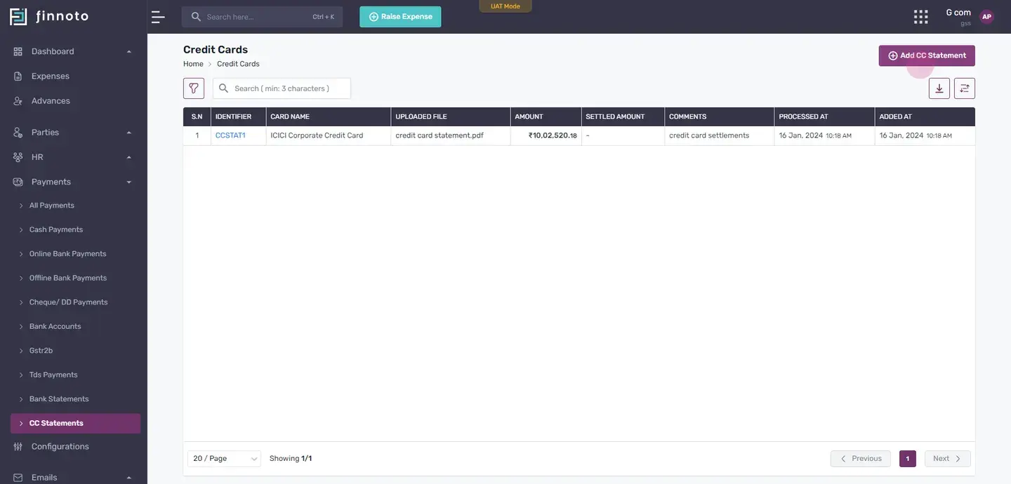 On this page, you can view all uploaded credit card statements. To add or upload a new credit card statement, click on t