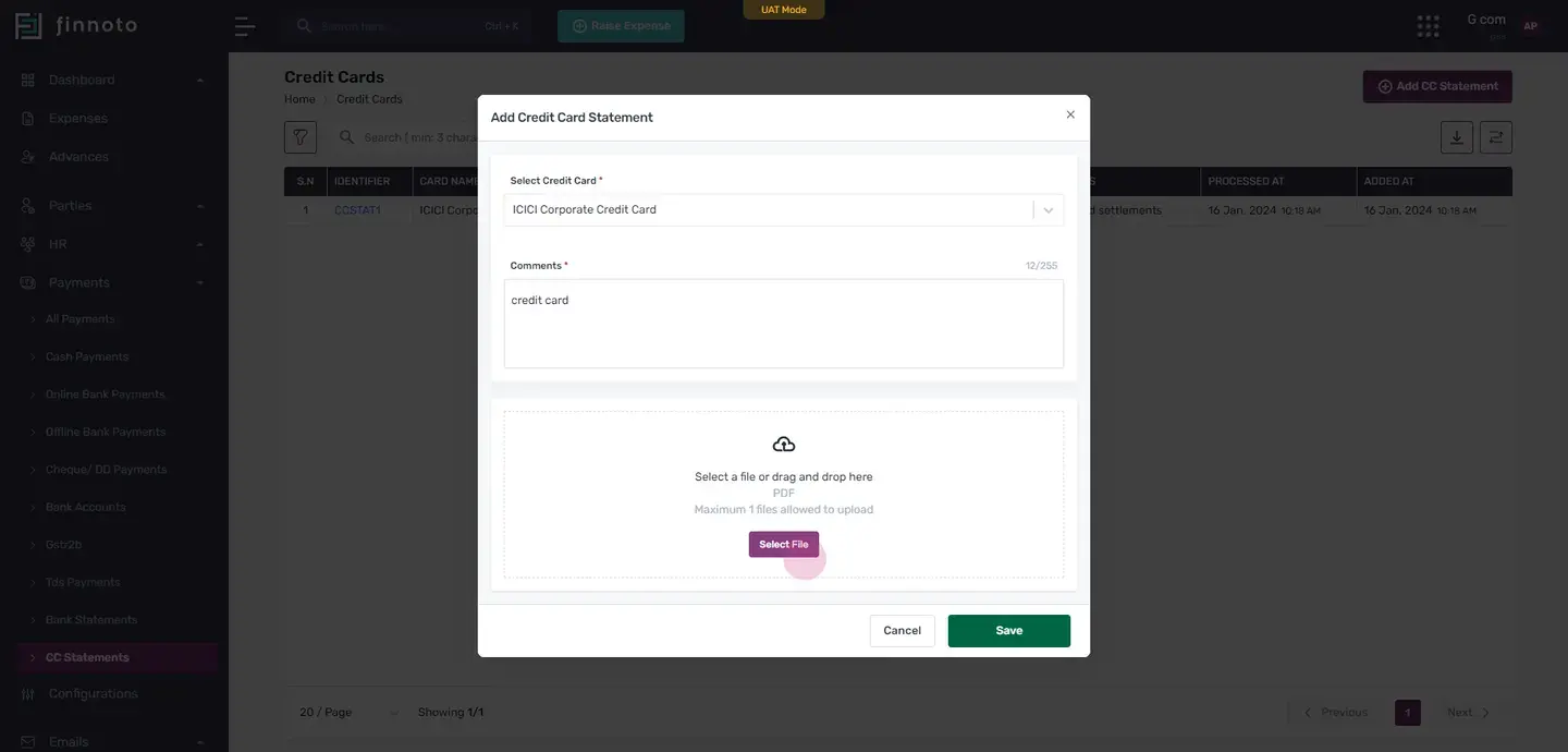 Next, enter a comment, select your statement, and click on the 'save' button.
