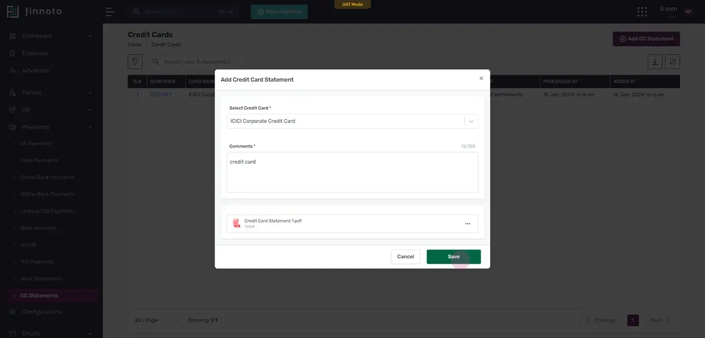 Next, enter a comment, select your statement, and click on the 'save' button.