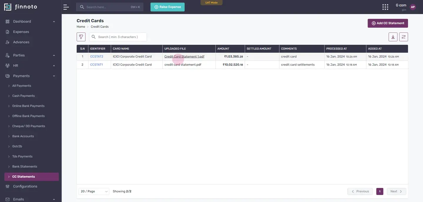 After saving, your credit card statement will begin processing. Once completed, you can view all line items of that part