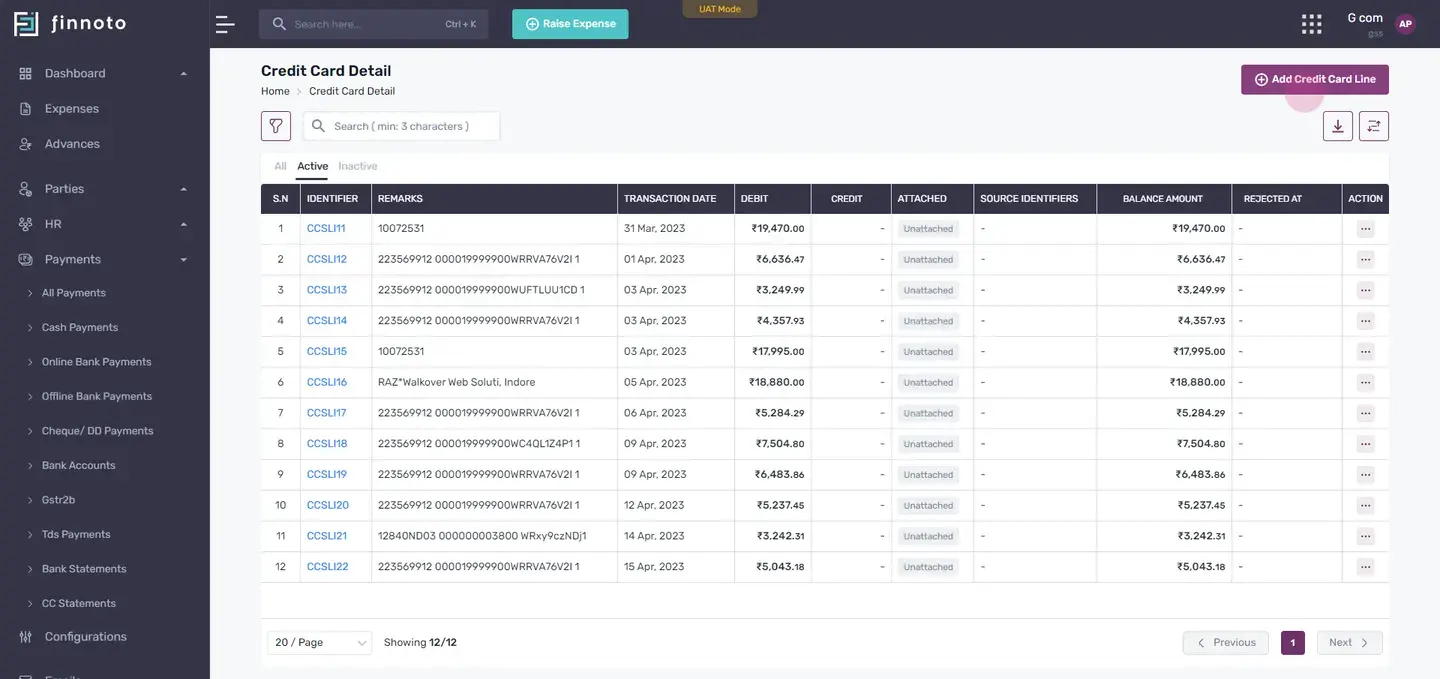 On this page, you can view all the credit card line items. If any line item was missed during the retrieval process, it 