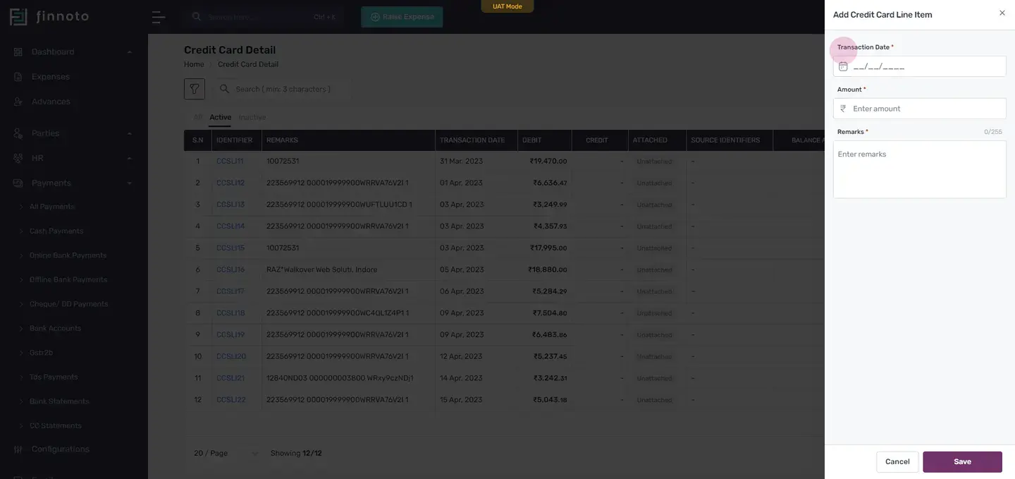 By entering the transaction date, amount, and a remark, you can add the missing line item.