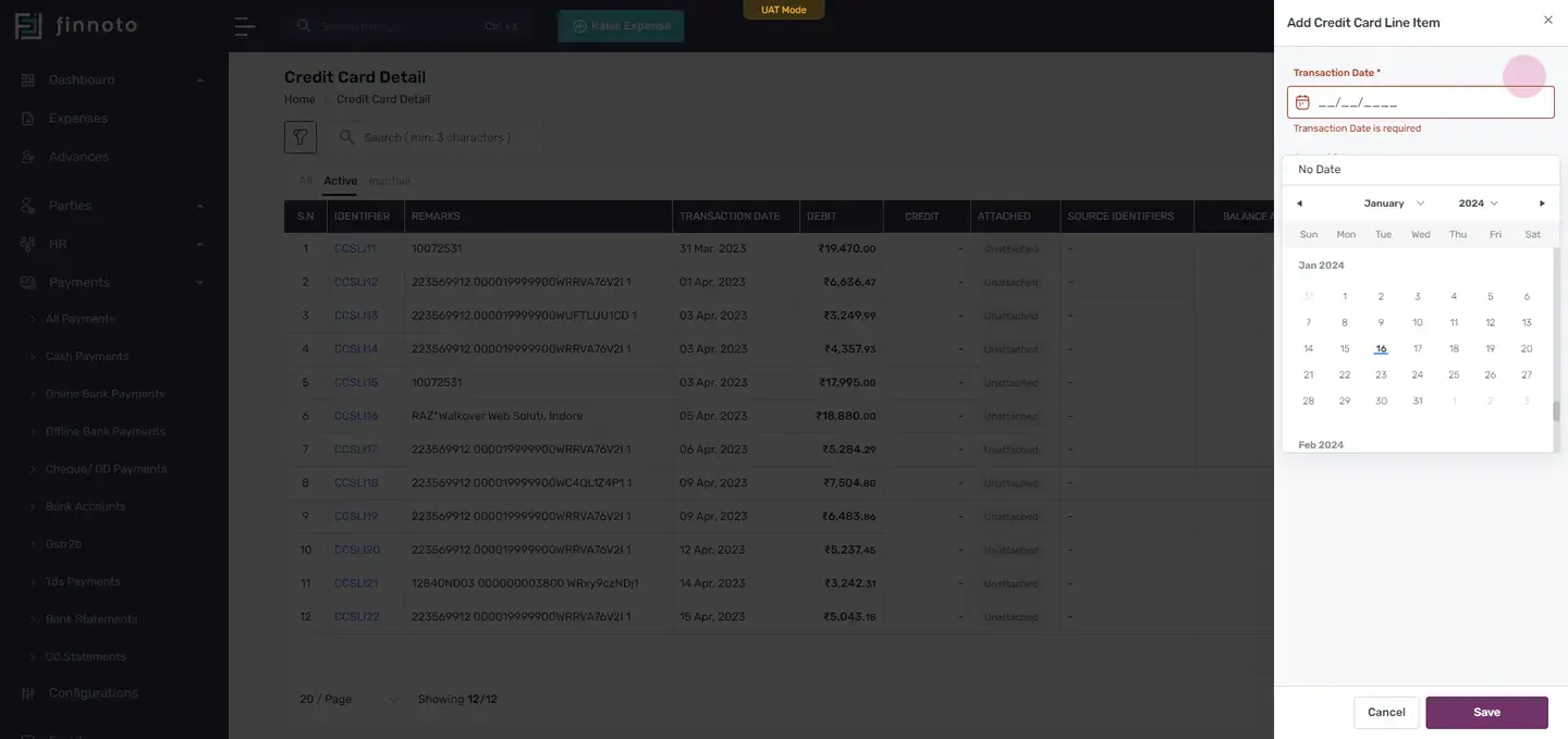 By entering the transaction date, amount, and a remark, you can add the missing line item.
