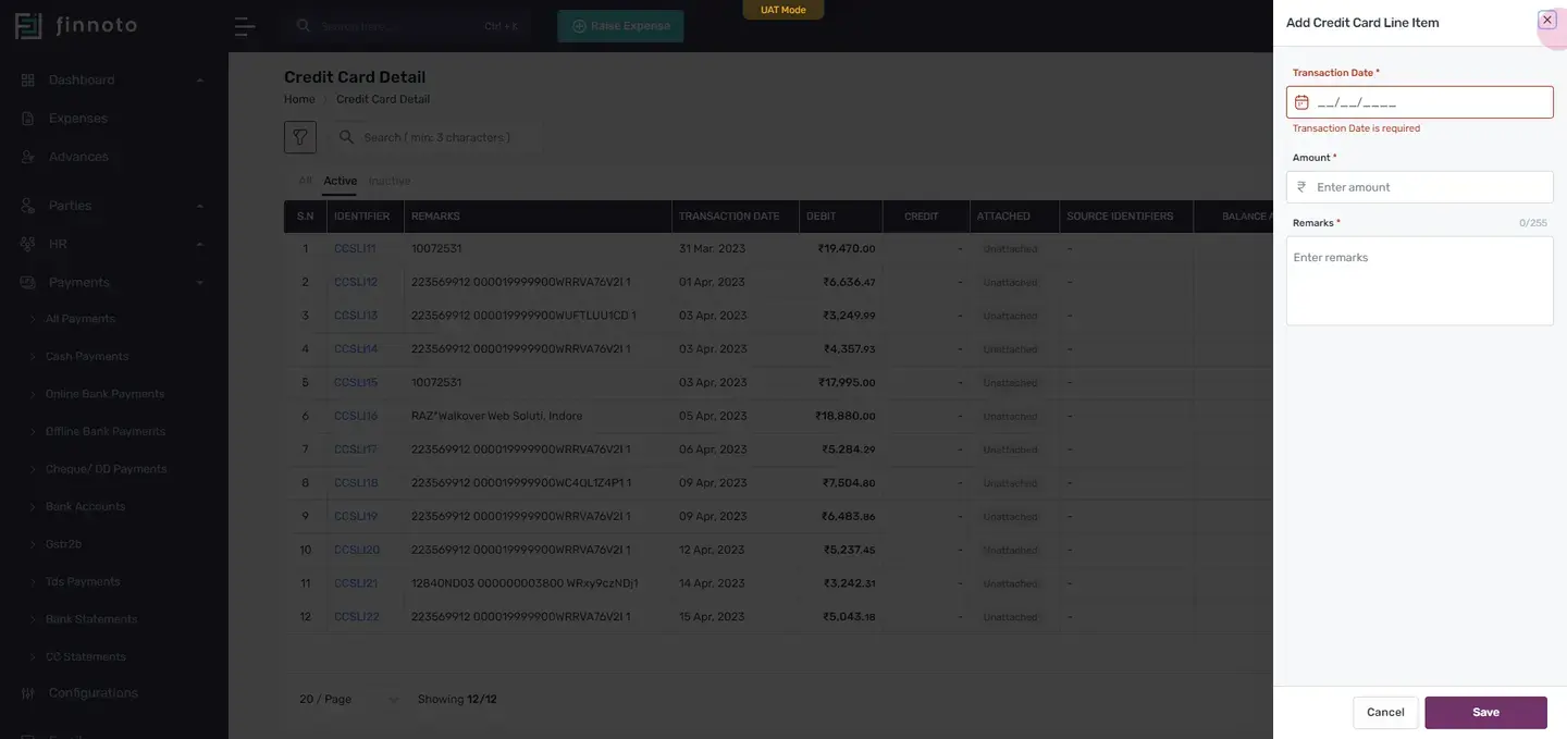 By entering the transaction date, amount, and a remark, you can add the missing line item.