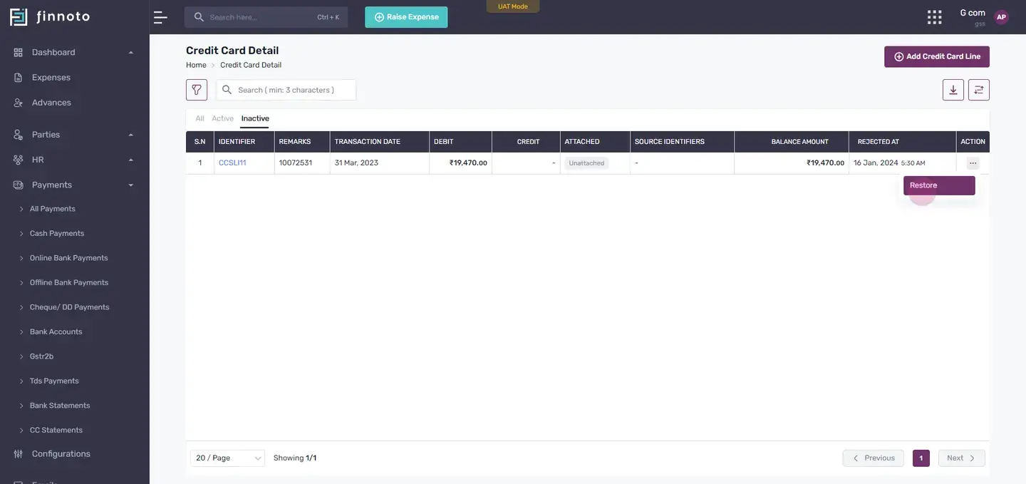 To reactivate a deactivated line item, click on 'actions' and then 'restore'.