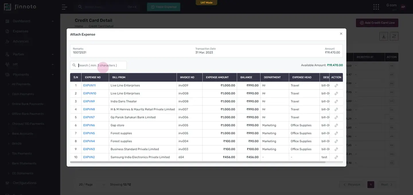 To attach an expense, click on the 'actions' button and then 'attach'.