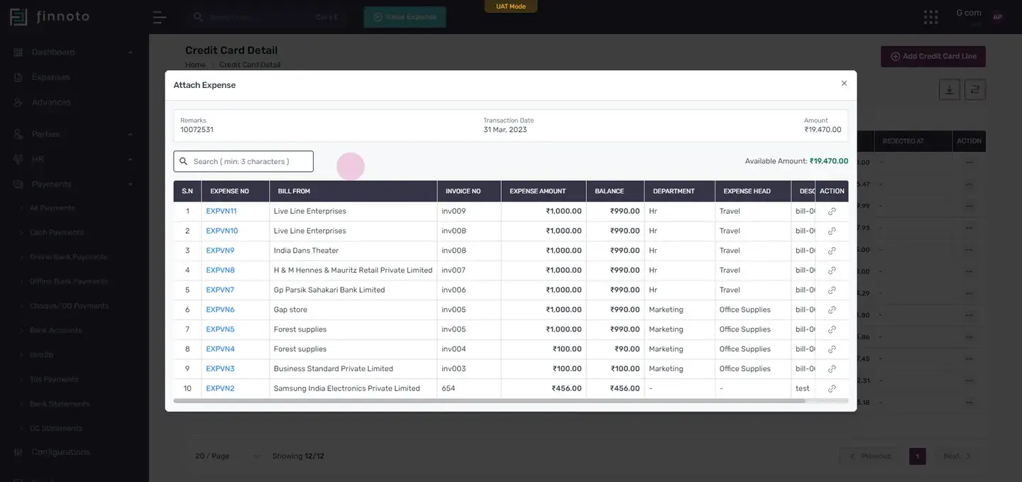 To attach an expense, click on the 'actions' button and then 'attach'.