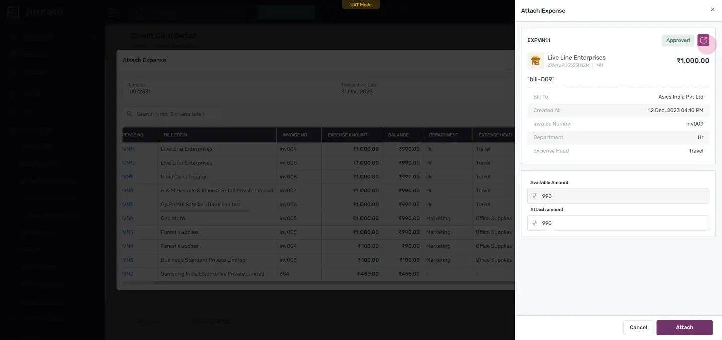 After attaching an expense, you will see a 'attach' tag in the attach column. The identifier of the expenses attached wi