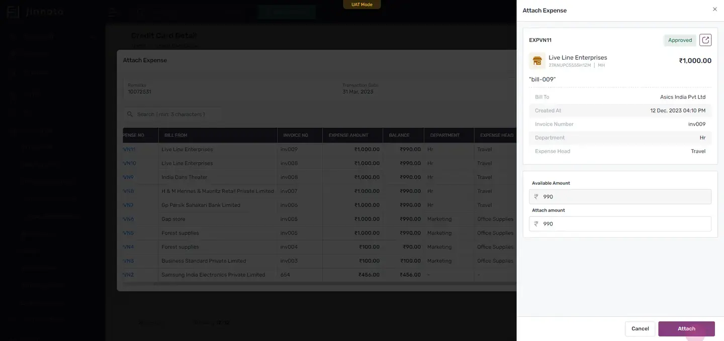 After attaching an expense, you will see a 'attach' tag in the attach column. The identifier of the expenses attached wi