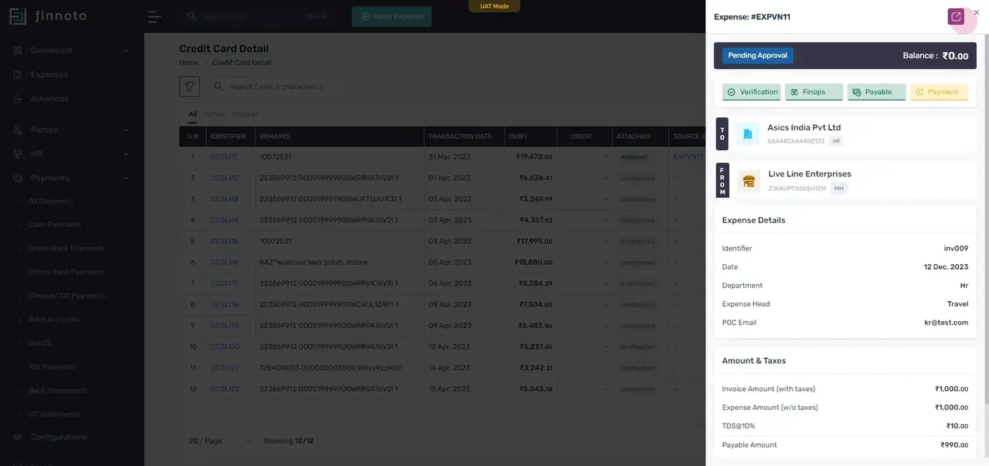 In the payment section of the expense details, you can see the receipt number, payment mode, status, amount, and additio