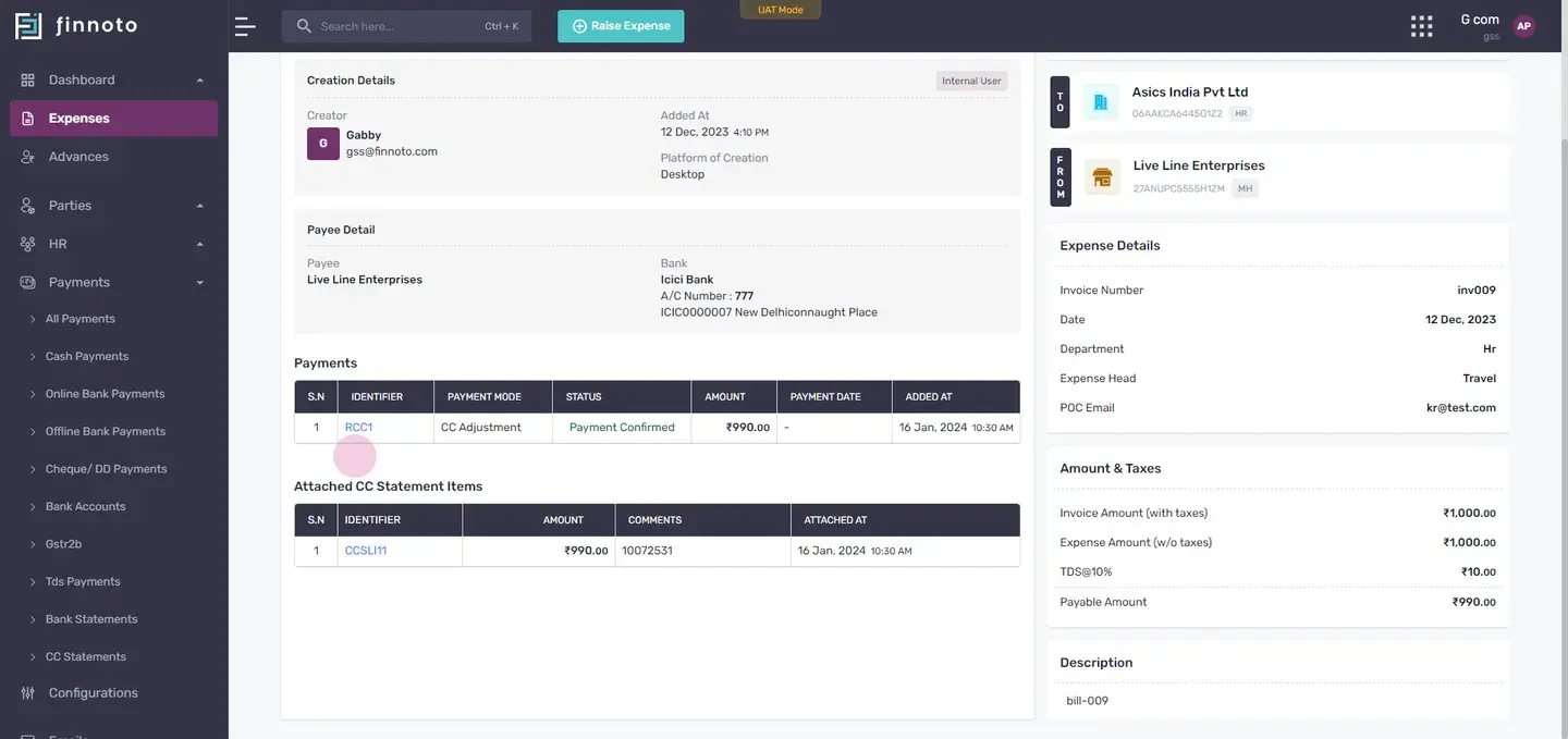 Clicking on the identifier of a credit card line item will allow you to view the transaction details.