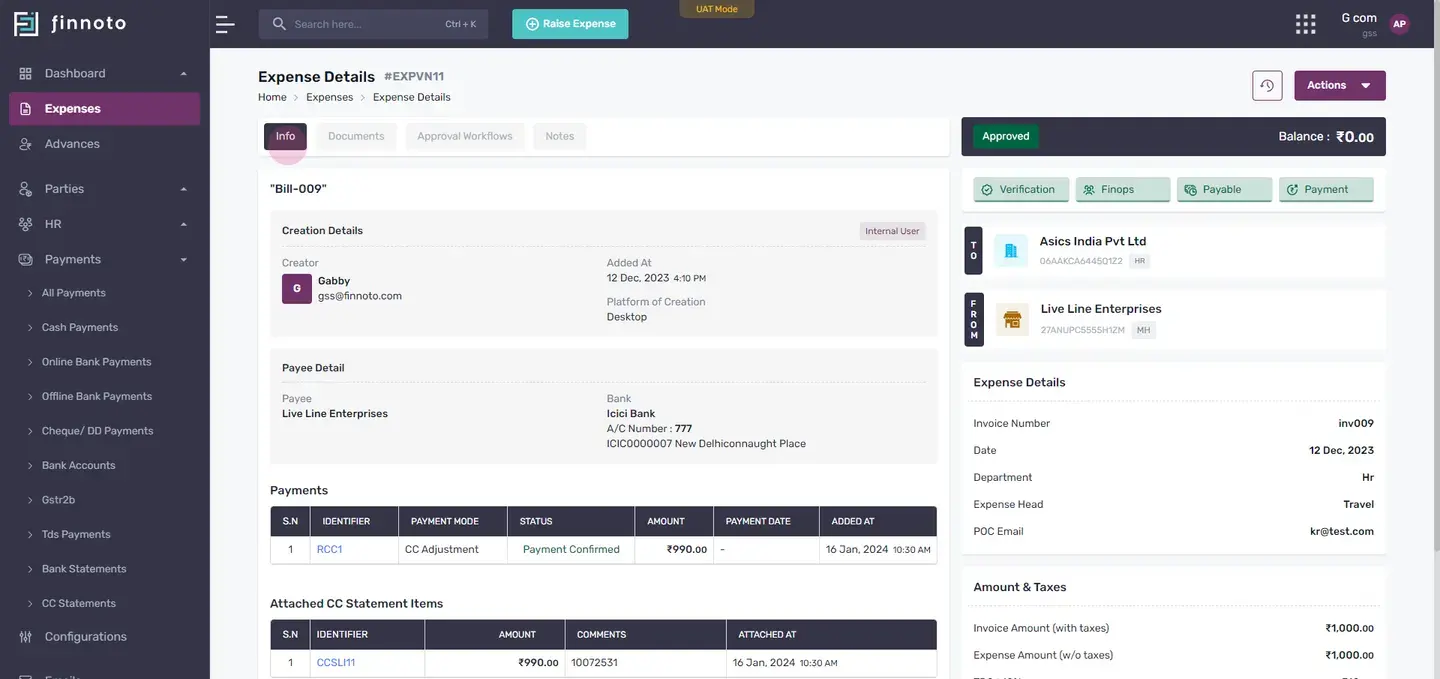 If you wish to detach an expense, click on the 'actions' button and then 'detach expense'.