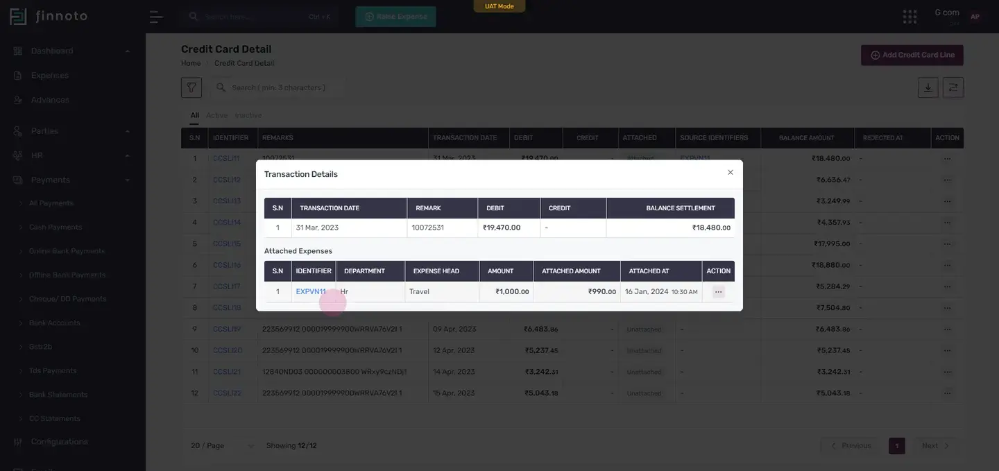 If you wish to detach an expense, click on the 'actions' button and then 'detach expense'.