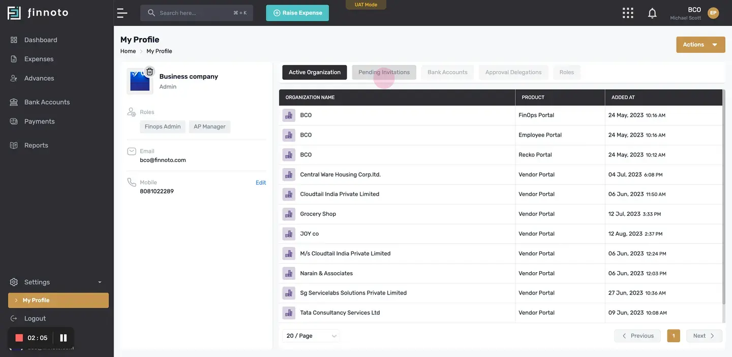 Similarly, you can see all the necessary details that is pending invitations, if any, your bank account, approval delega