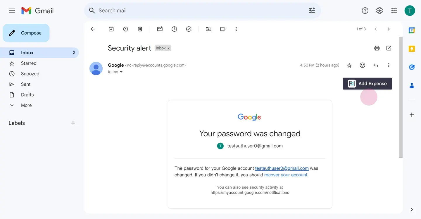 Upon opening the email, you will notice the add expense button located in the top right corner.
