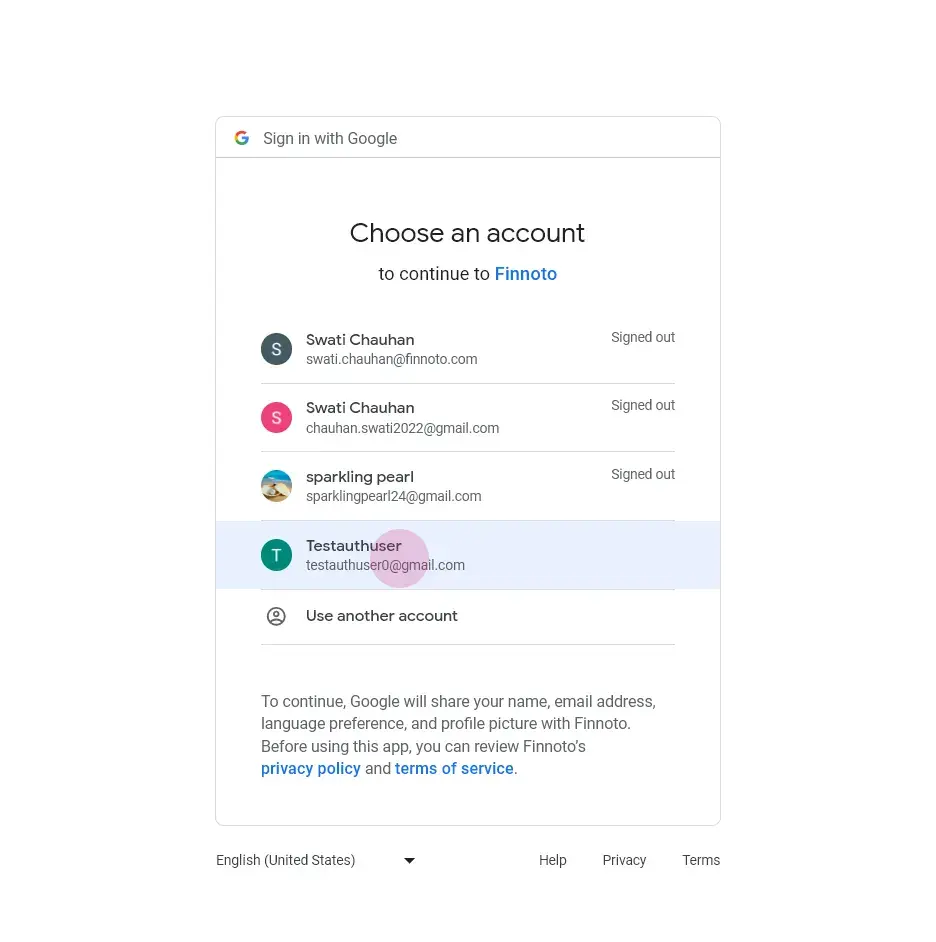 Choose the Gmail account you wish to use with Finuto