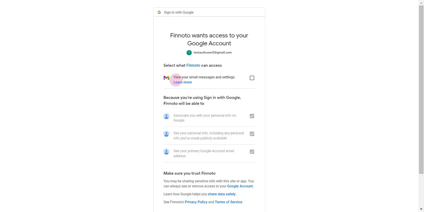 Grant Finuto the necessary permission, which includes view your email messages and settings.