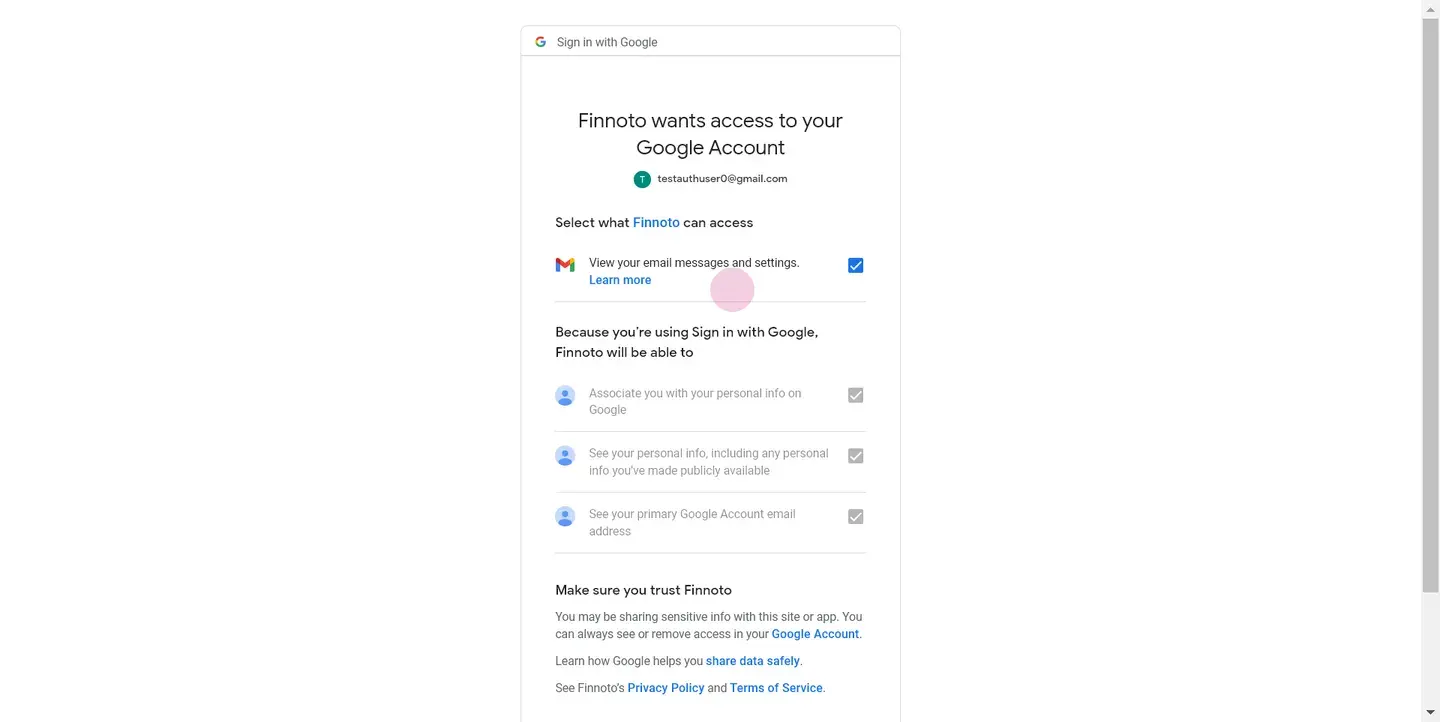 This allows Finuto to retrieve Gmail data for seamless expense tracking.