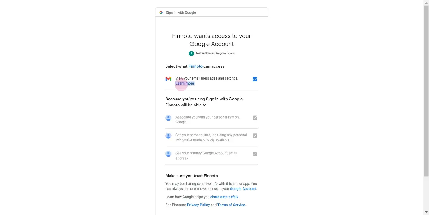 The permission to view your email, messages, and settings is crucial for Finuto to provide comprehensive expense managem