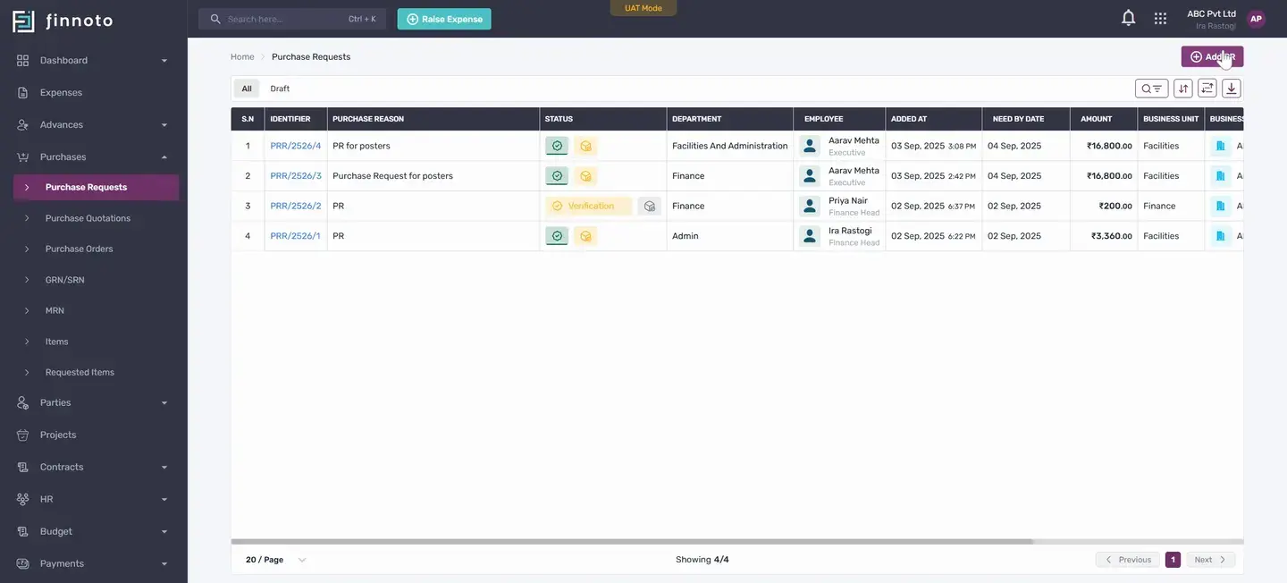 Create a purchase request and generate a purchase order