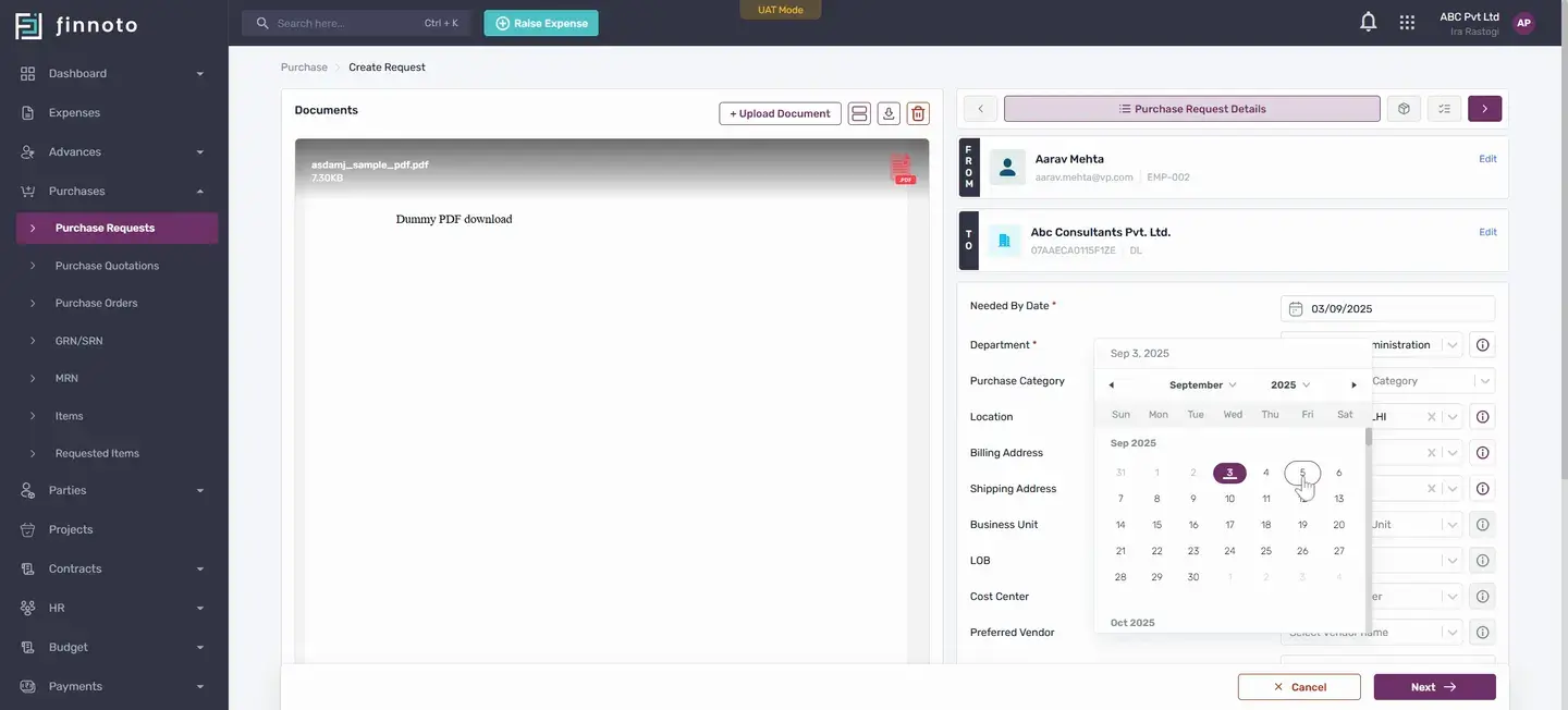 Create a purchase request and generate a purchase order