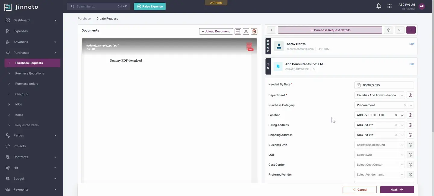 Create a purchase request and generate a purchase order
