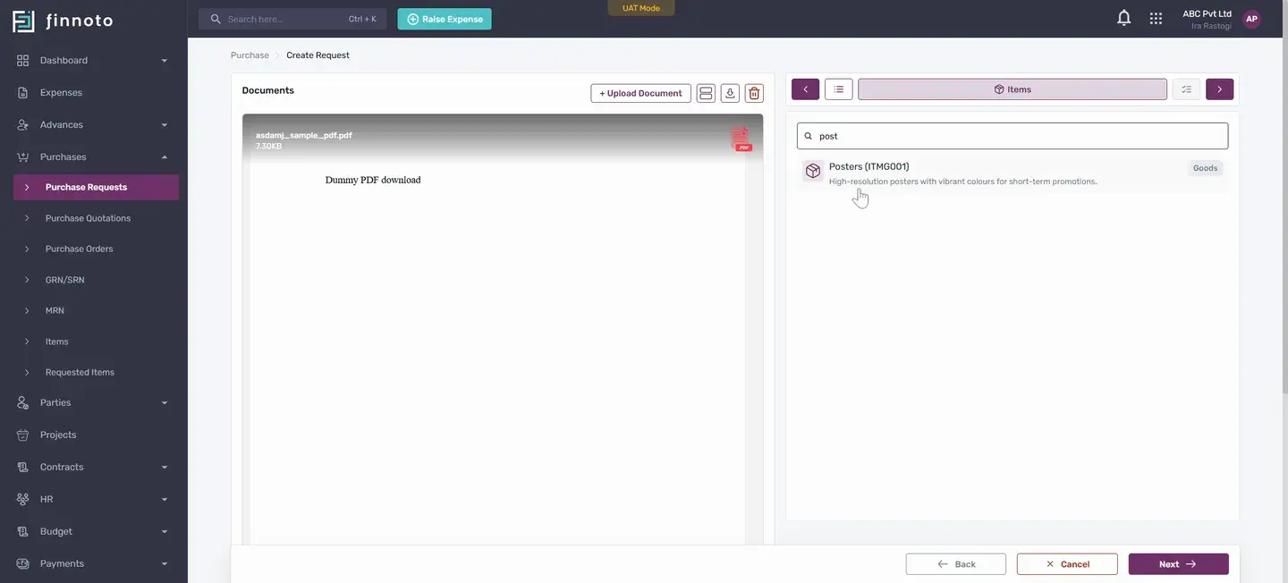 Create a purchase request and generate a purchase order