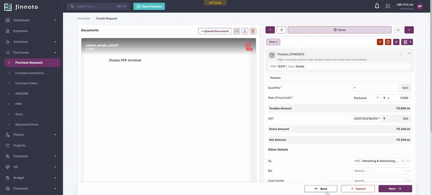 Create a purchase request and generate a purchase order