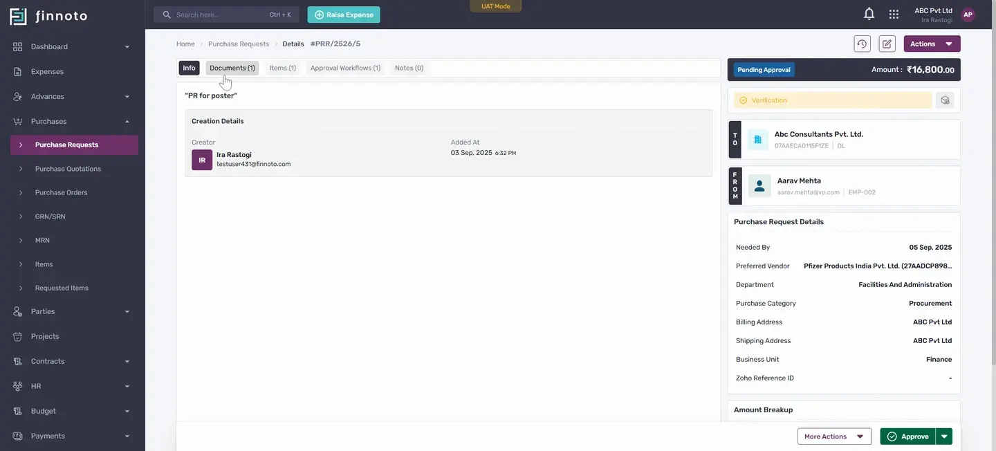 Once this is done, this purchase request has been created and you can see under the document, that particular document w