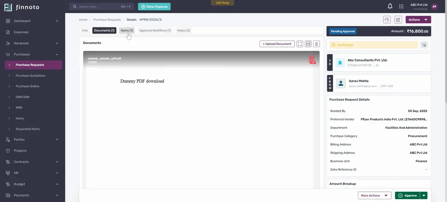Create a purchase request and generate a purchase order