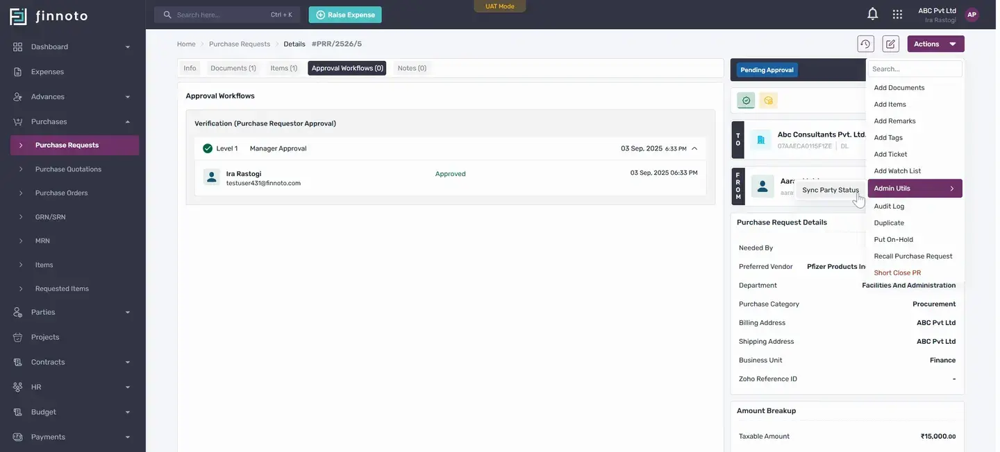 Create a purchase request and generate a purchase order