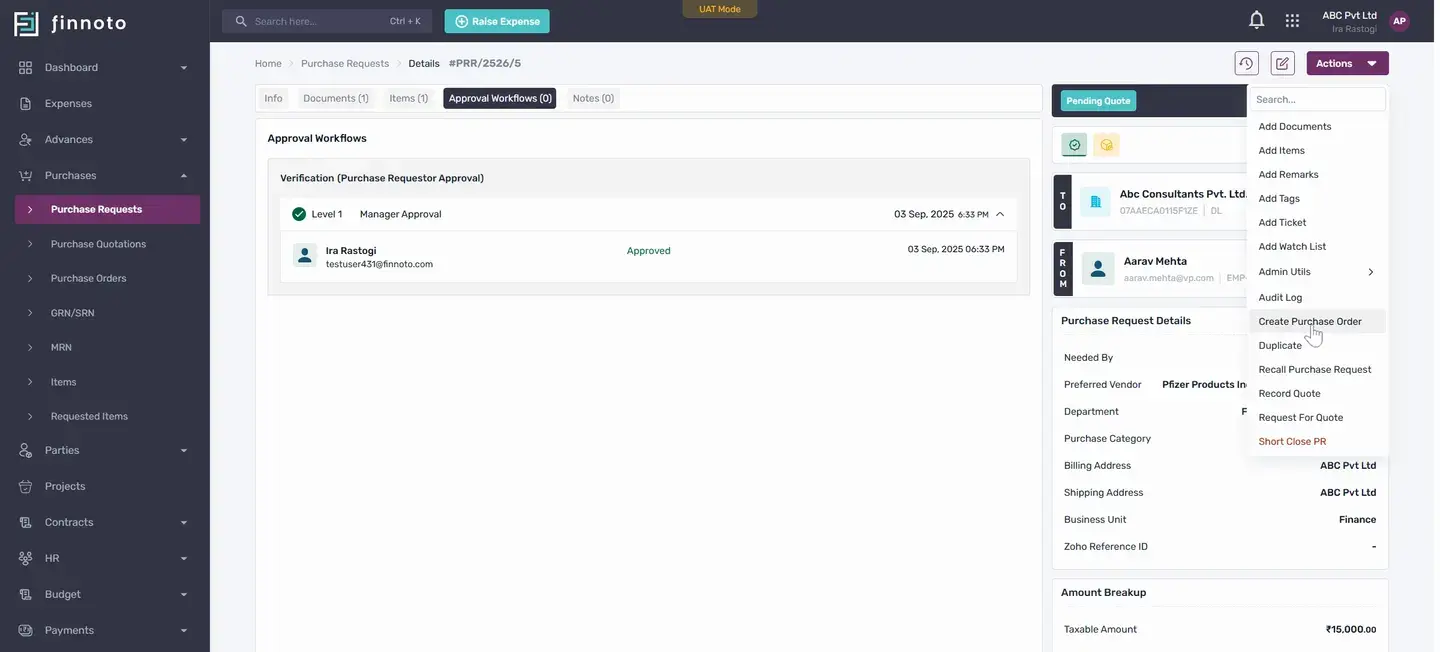 Once it's in the pending port state, you'll get the option to create a purchase order from this pr. So by using this opt
