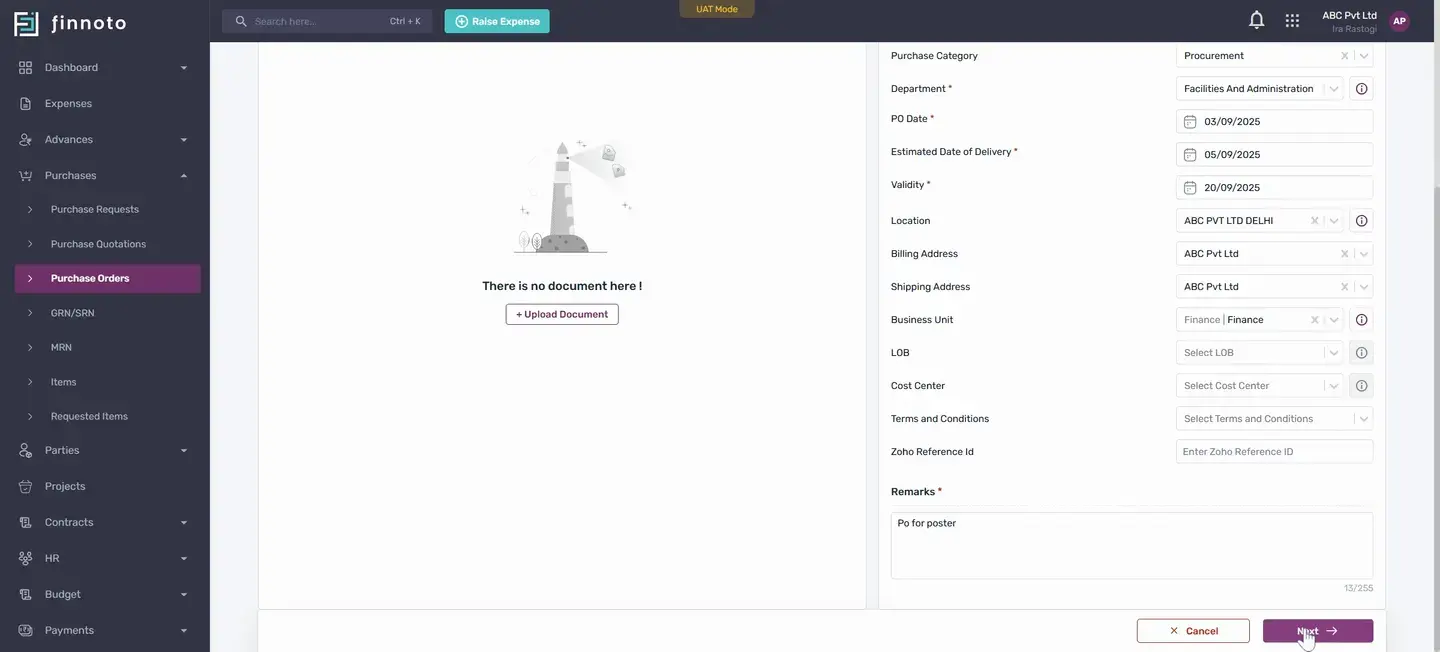 Create a purchase request and generate a purchase order