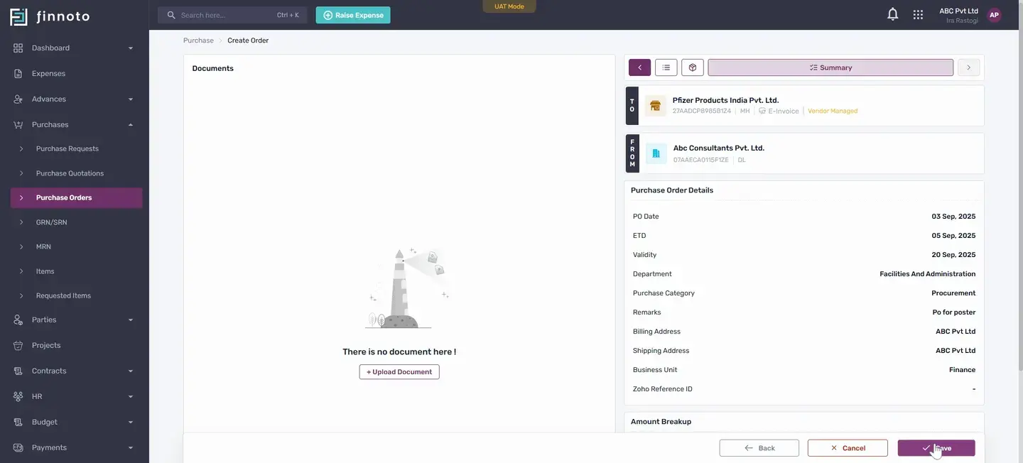 Create a purchase request and generate a purchase order