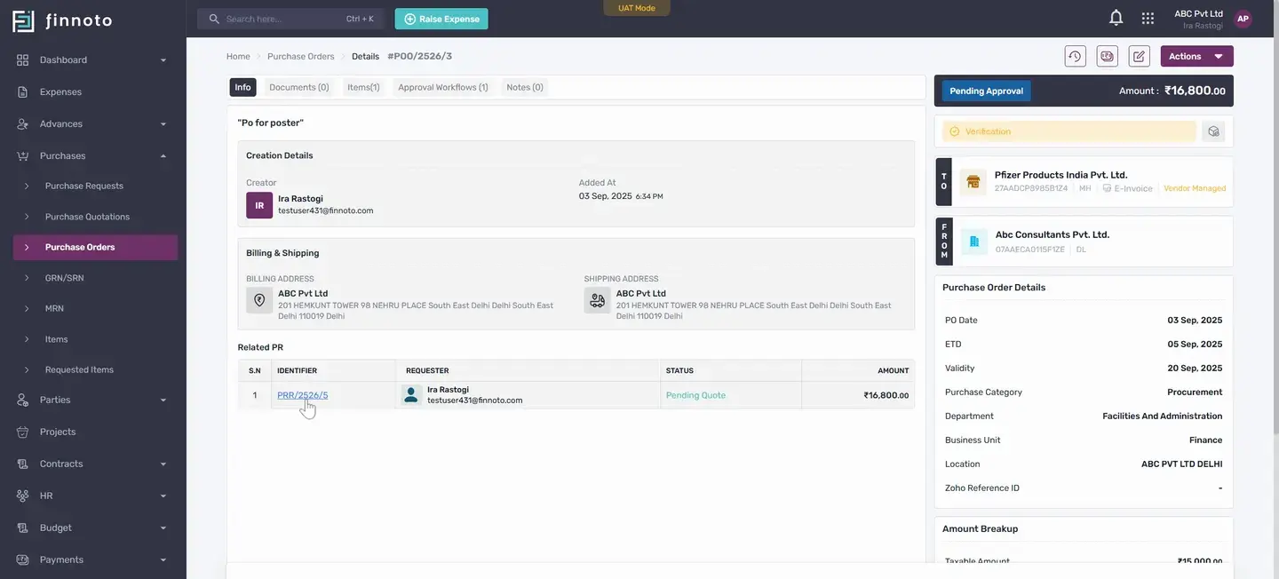 Create a purchase request and generate a purchase order