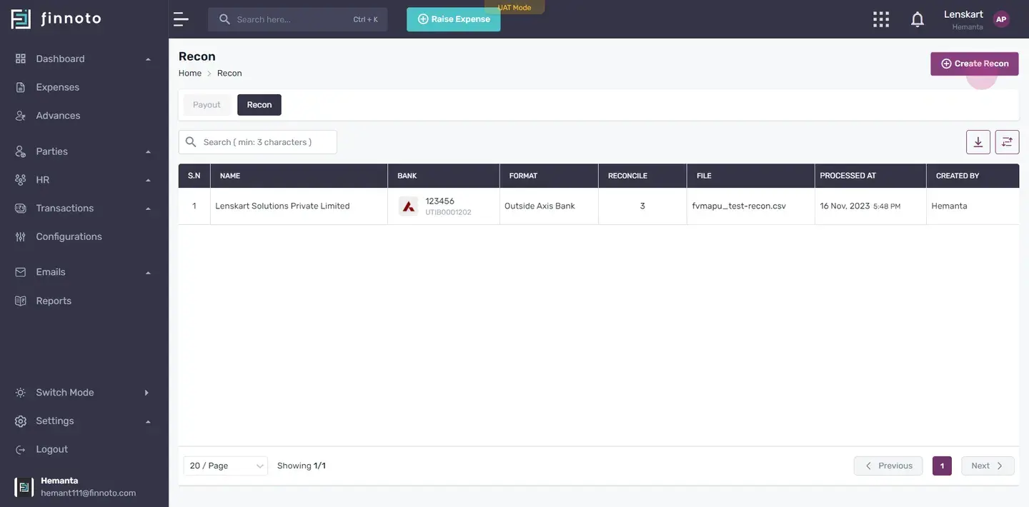 Under the 'Recon' tab, on the top right corner locate and click on the 'Create Recon' button..
