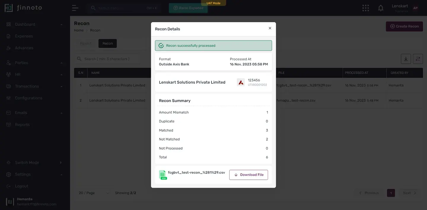 If needed, you can download the reconciliation file by clicking 'Download File.'