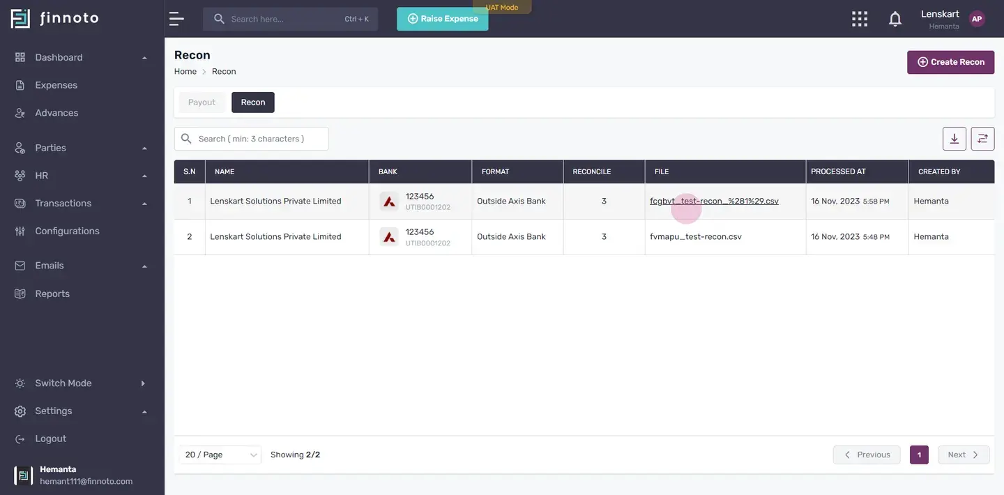 On the recon detail page, you'll find information such as business name, bank account number with the IFSC code, format,