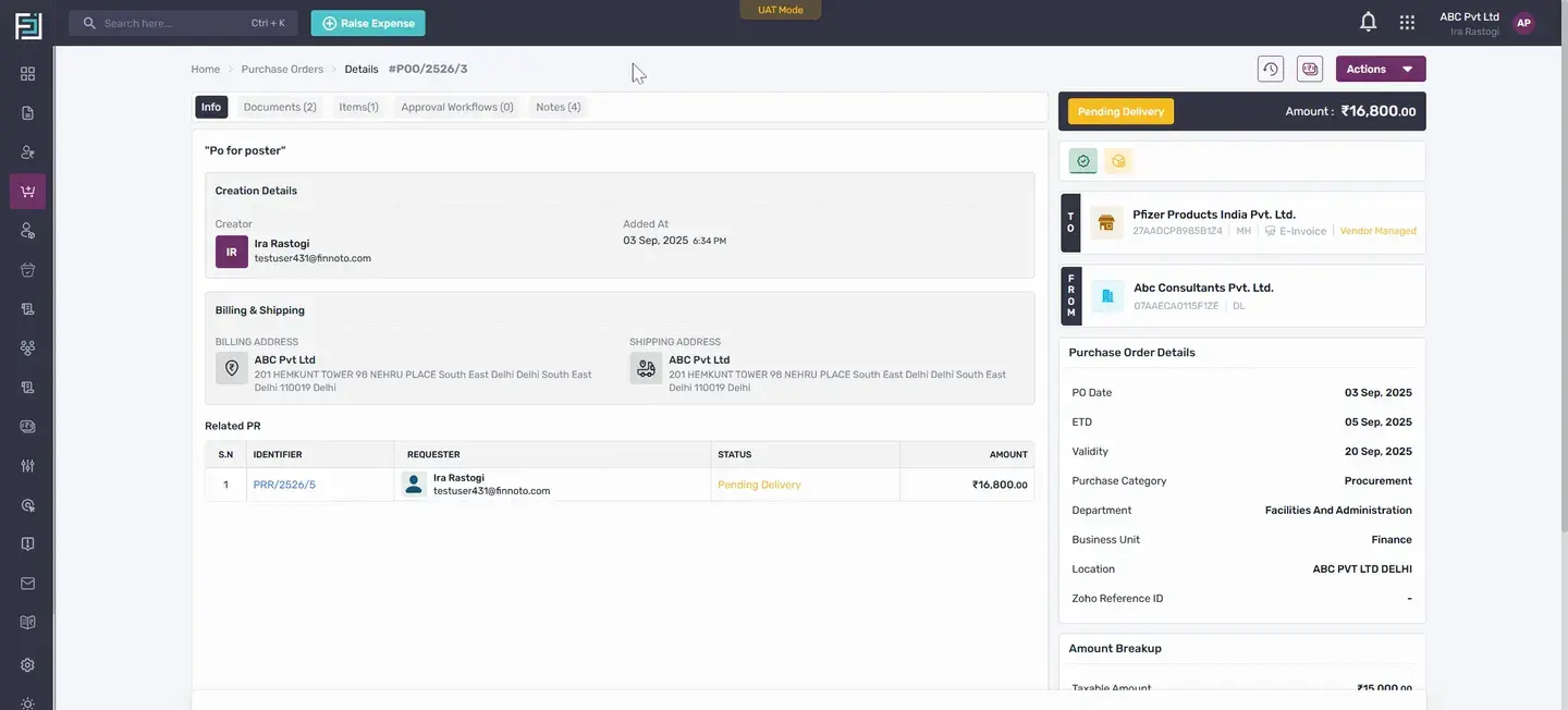 Now, let's create a GRN SRN from the PO. When the PO is in a pending delivery state, you'll see an option to create a GR