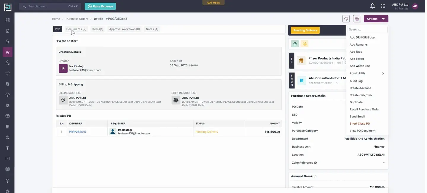 In this state, you also have the option to record or create an advance, or add a GRN SRN user.