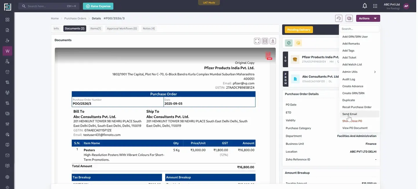 A document from the PO is automatically generated in PDF format. Share this with the vendor using the Send Email option.