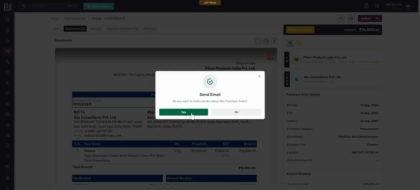 A document from the PO is automatically generated in PDF format. Share this with the vendor using the Send Email option.