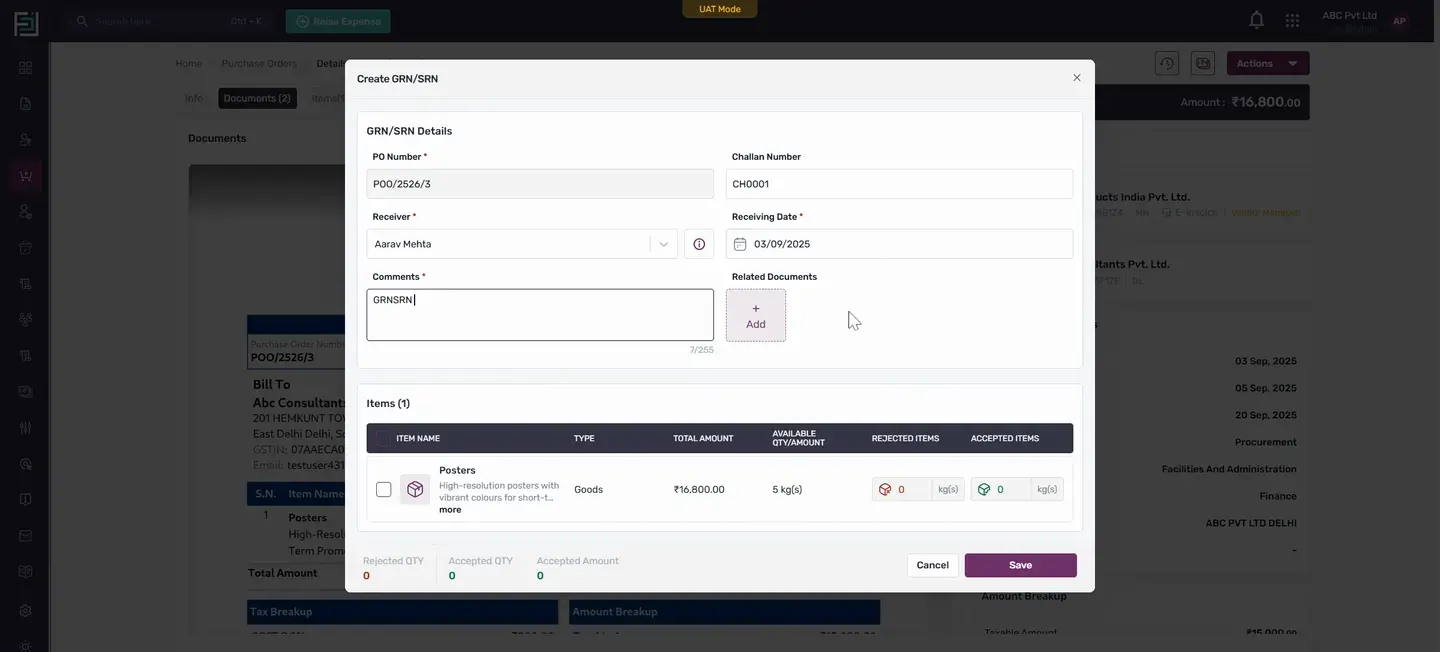 You can add any comments or attach documents using the Add button.