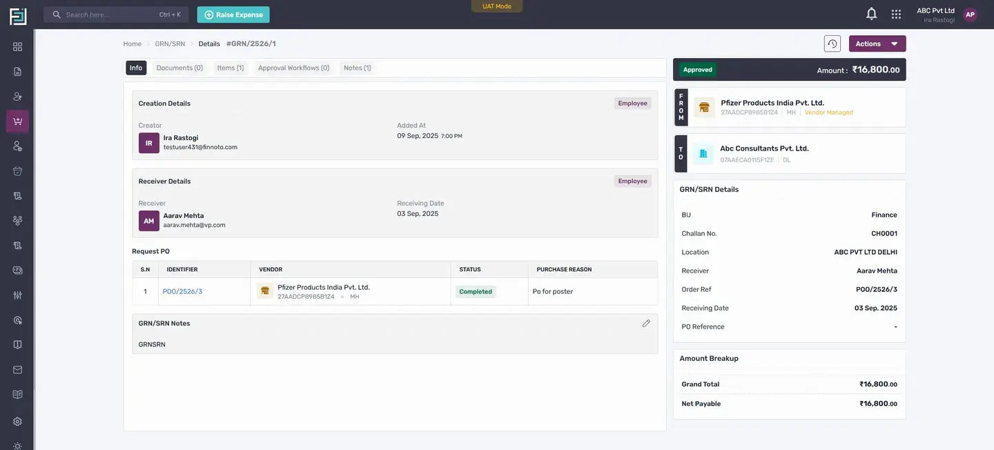 In the Info tab, you'll see the requested PO, the related PO, and the PO status changed to completed after the generatio