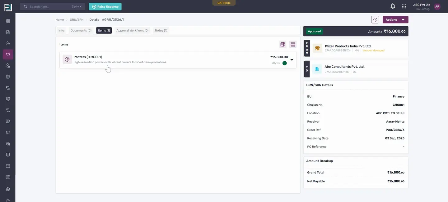 In the Items section, you'll see the items that you've created in the GRN SRN.